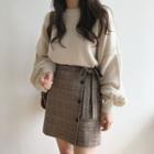 Set: Plain Sweater + Plaid Ribbon A-line Mini Skirt