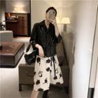 3/4-sleeve Faux Leather Buttoned Jacket / Printed A-line Midi Skirt