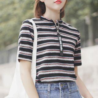 Half Zip Striped Short-sleeve T-shirt