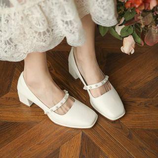 Chunky Heel Faux Pearl Studded Mary Jane Shoes