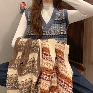 Long-sleeve Mock-neck Top / Snowflake Knit Vest