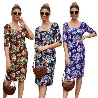Flower Print Square-neck Short-sleeve Sheath Dress