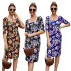 Flower Print Square-neck Short-sleeve Sheath Dress
