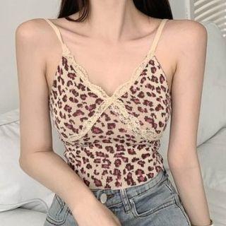 Lace Trim Leopard Print Camisole Top Leopard Print - Almond - One Size