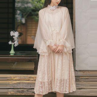 Set: Mesh Puff-sleeve Top + Embroidered Spaghetti-strap Midi Dress