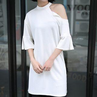 Cut Out Shoulder Elbow Sleeve Dress