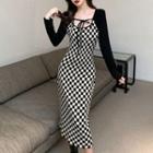 Mock Two-piece Long-sleeve Checker Print Sheath Dress