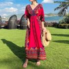 Elbow-sleeve Print V-neck Maxi A-line Dress