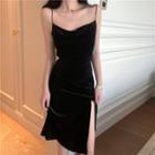 Spaghetti Strap Slit Midi Velvet Dress