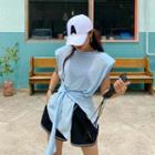 Short Sleeve Round Neck Plain Knotted Slit Top/ Elastic-waist Contrast Trim Short