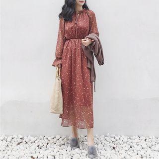 Floral Print Long-sleeve A-line Maxi Dress / Plain Cardigan