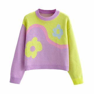 Color Block Flower Jacquard Sweater