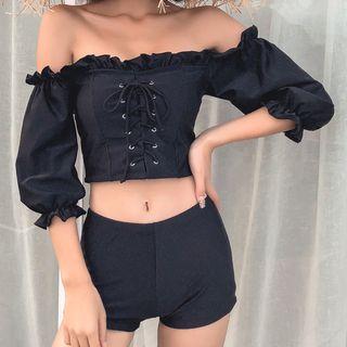 Set: Elbow-sleeve Lace-up Swim Top + Shorts + Skirt