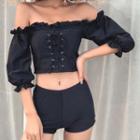 Set: Elbow-sleeve Lace-up Swim Top + Shorts + Skirt