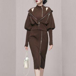 Set: Sleeveless Zip Midi Sheath Dress + Zip Hoodie