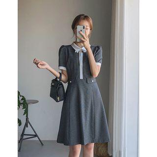 Contrast-collar Flap Midi Checked Dress With Brooch