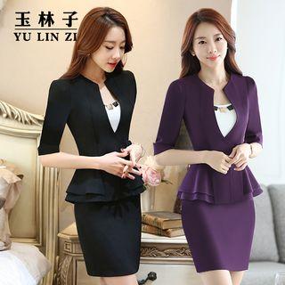 Set: Elbow-sleeve Peplum Blazer + Skirt