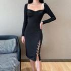 Long-sleeve Chained Knit Bodycon Dress