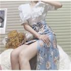 Short-sleeve Lace Collar Blouse / Floral Print Midi A-line Skirt