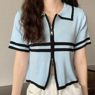 Contrast Trim Collared Zip-up Cardigan