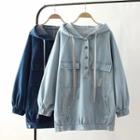 Half-placket Ripped Denim Hoodie
