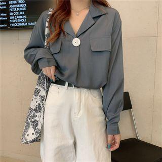 Long-sleeve Open-collar One-button Blouse