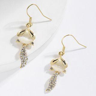 Rhinestone Cat Eye Stone Fox Dangle Earring Gold - One Size