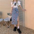 Floral Denim Slit Midi Pencil Skirt