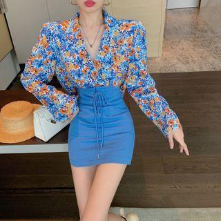 Notch Lapel Floral Print Blouse / Mini Pencil Skirt