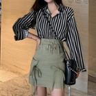 Color-block Striped Long-sleeve Blouse / Plain High-waist Lace-up Skirt