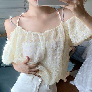 Short-sleeve Cold Shoulder Plaid Sheer Top