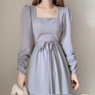 Long-sleeve Ribbon A-line Dress Grayish Blue - One Size