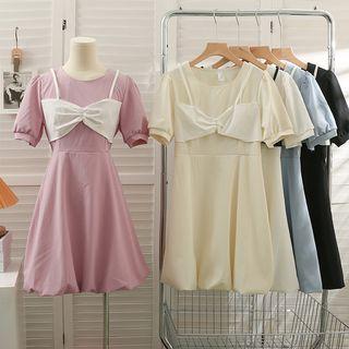 Puff-sleeve Mock Two-piece Midi Dress In 5 Colors