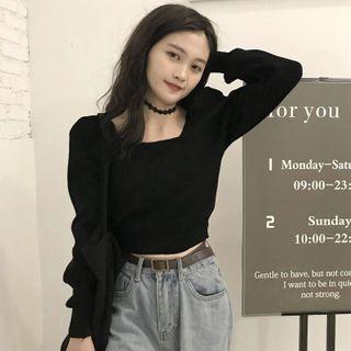 Square-neck Cropped Blouse Black - One Size