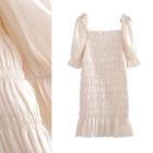 Elbow-sleeve Smocked Mini Sheath Dress