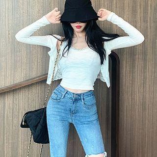 Lace Trim Camisole Top / Cardigan / Buttoned Mini Denim Skirt / Set