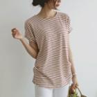 Cap-sleeve Shirred Striped T-shirt