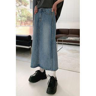 Fray-trim Long Denim Skirt