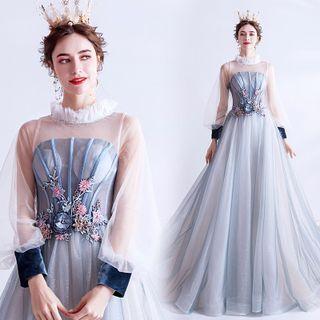Long-sleeve Floral Embroidered Mesh A-line Evening Gown