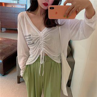 Lettering Long-sleeve Drawstring T-shirt / Wide-leg Pants