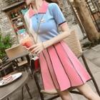 Set: Color-block Polo Shirt + Knit A-line Skirt As Shown In Figure - One Size