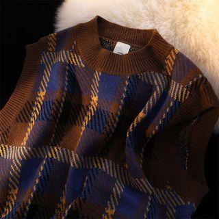 Plaid Sweater Vest Plaid - Coffee & Dark Blue - One Size