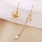 Non-matching Faux Pearl Alloy Disc & Chain Dangle Earring A343 - White & Gold - One Size