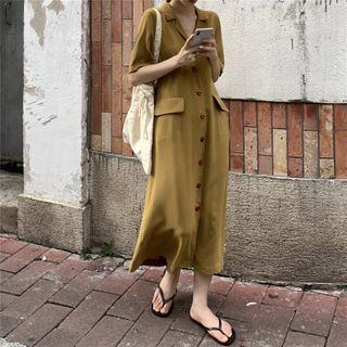 Plain Short-sleeve Midi A-line Shirtdress Curcumin - One Size