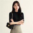 Mock-neck Elbow-sleeve Knit Top Black - One Size