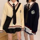 Embroidered Sweater / Mini Pleated Skirt / Long-sleeve Shirt / Tie / Set