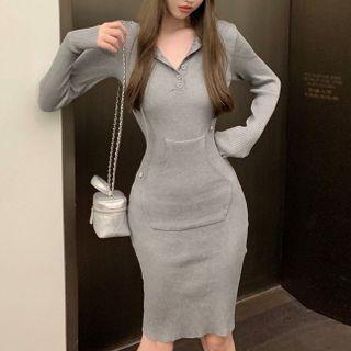 Long-sleeve Knit Henley Sheath Dress
