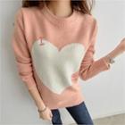 Crew-neck Lettering-embroidered Heart Sweater