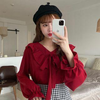 Long-sleeve Ruffled Tie-front Blouse