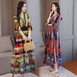 Patterned 3/4 Sleeve Slit Hem Maxi Dress